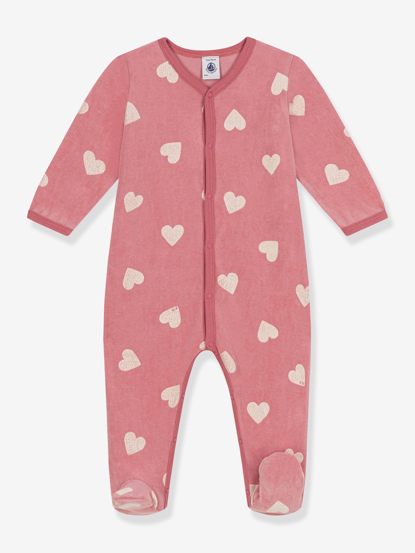 Fluwelen babypyjama met hartjesprint PETIT BATEAU roze, bedrukt