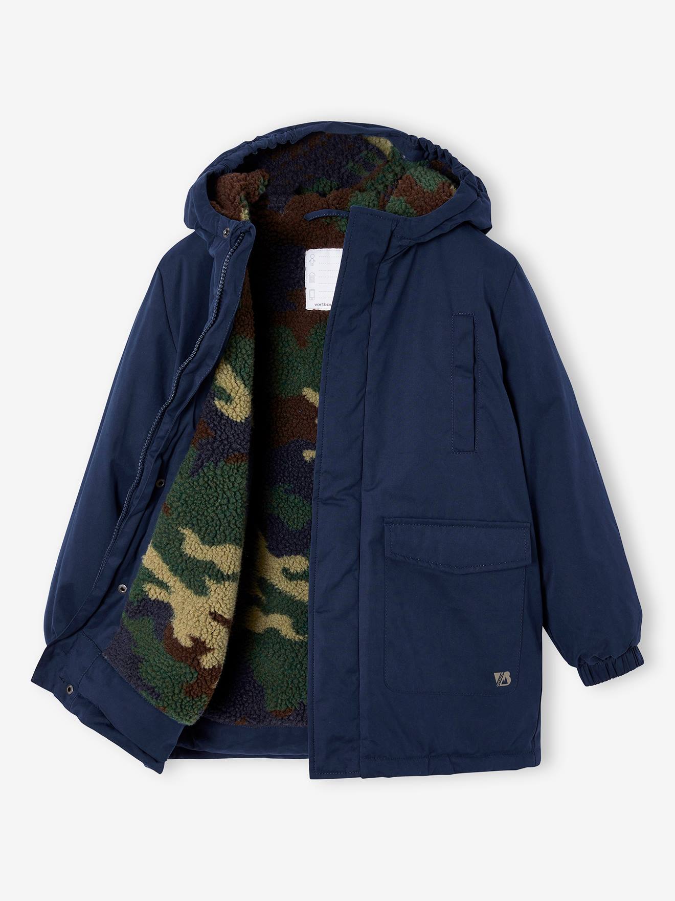 Parka met capuchon voor jongens met camouflage sherpavoering nachtblauw