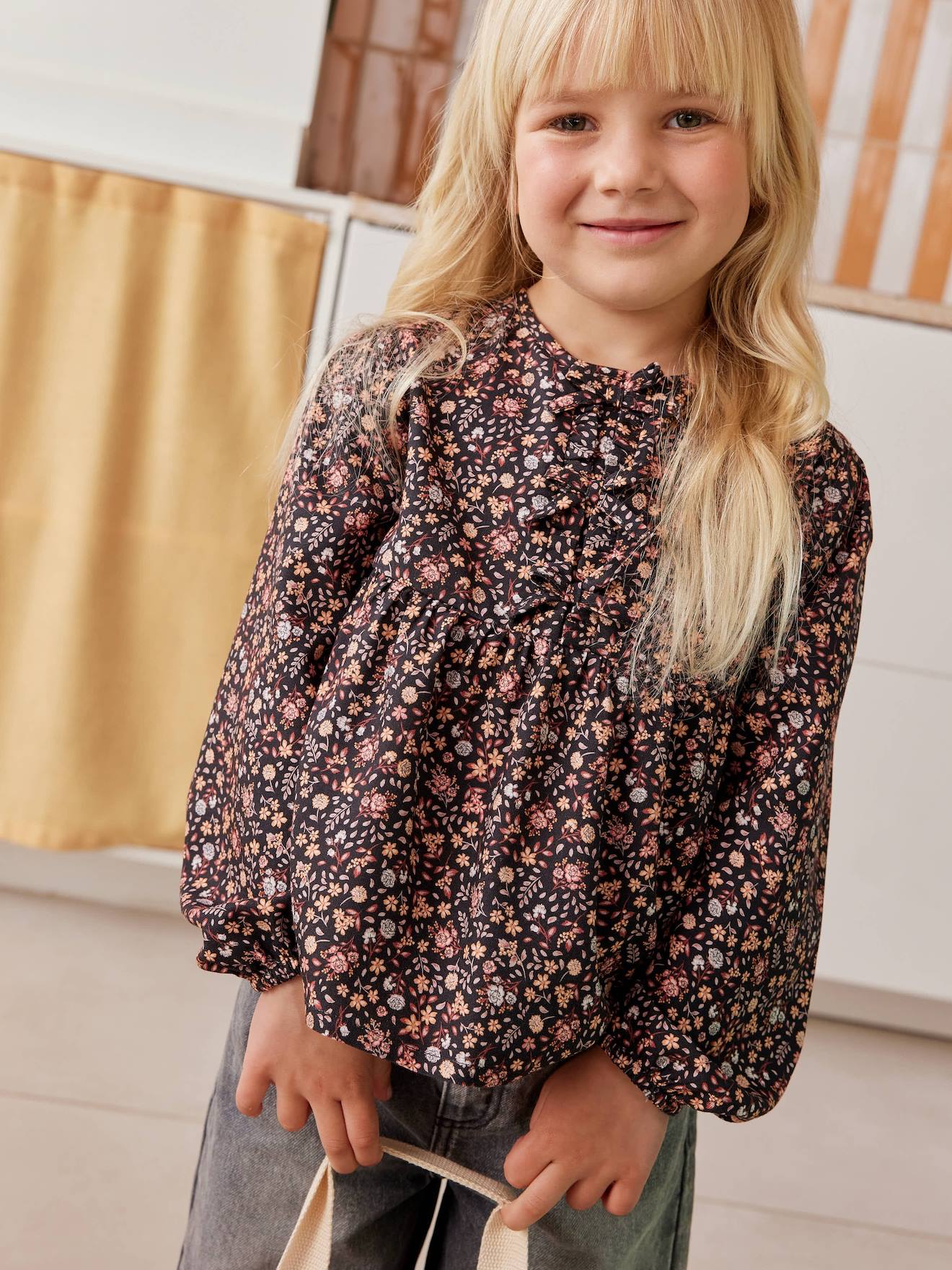 Blouse met bloemen meisje roze, bedrukt