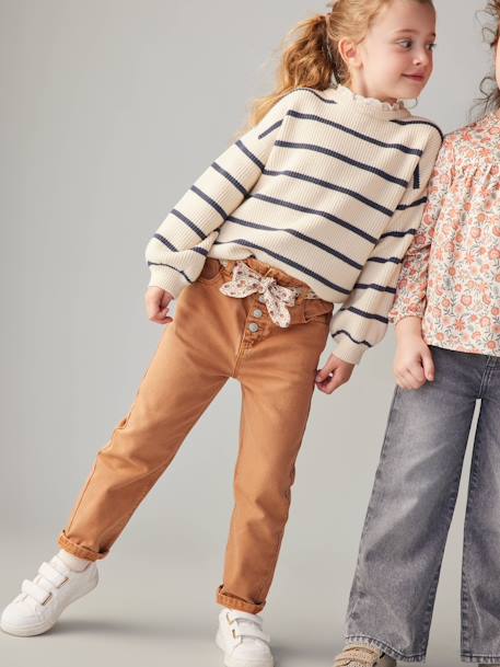 Paperbag broek voor meisjes met sjaal-riem met bloemen groen+kaneel+zachtpaars - vertbaudet enfant 