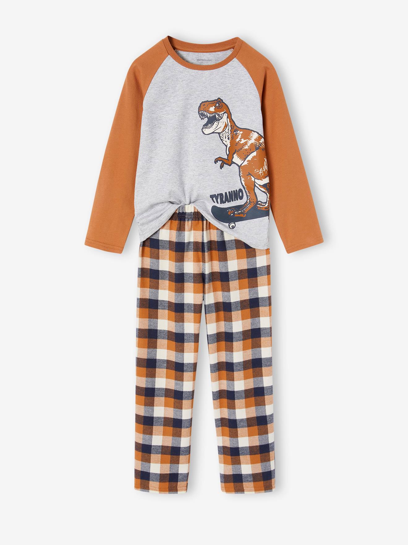 Pyjama dino flanel ruitjes jongens karamel