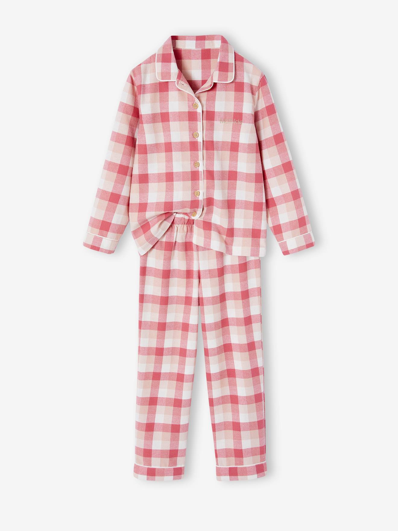 Gepersonaliseerde pyjama met ruitjes van flanel voor meisjes rozen