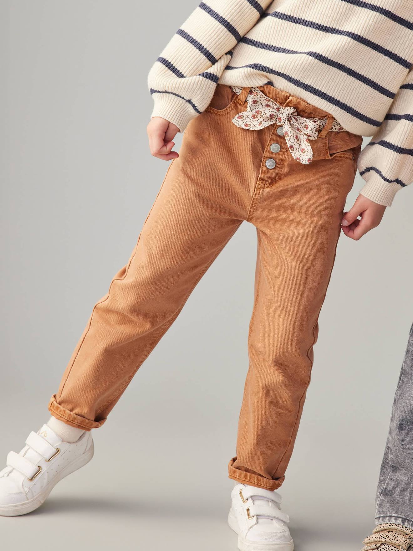Paperbag broek voor meisjes met sjaal-riem met bloemen kaneel afbeelding
