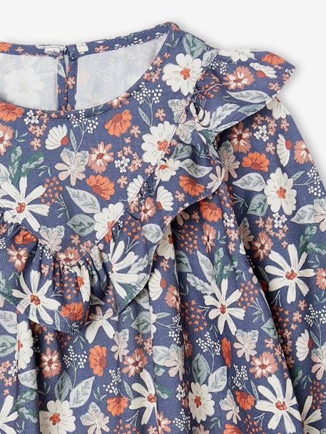 Jurk met ruche en bloemenprint ecru+indigoblauw - vertbaudet enfant 