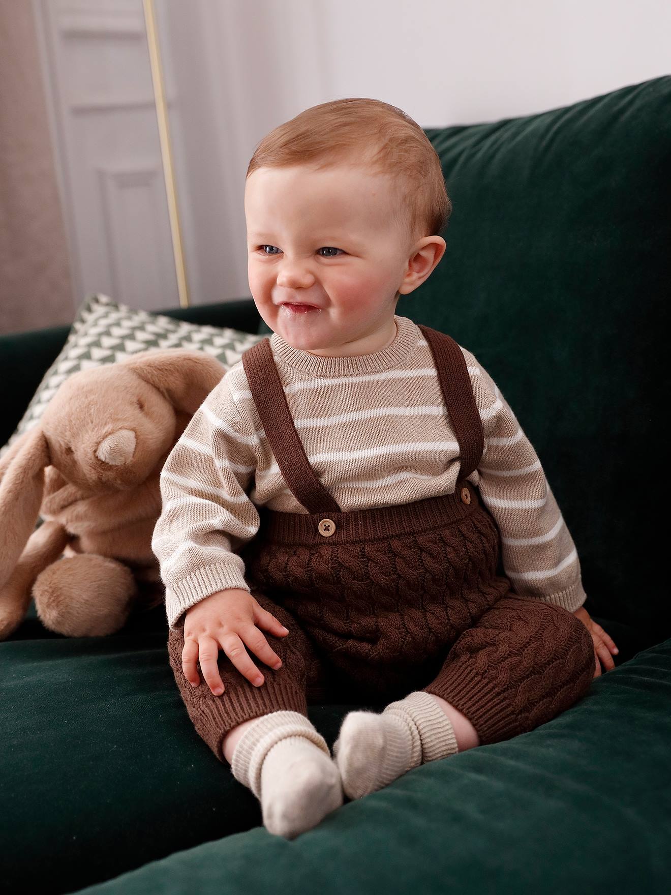 Babyset gestreepte trui en gebreide broek met bretels chocoladebruin