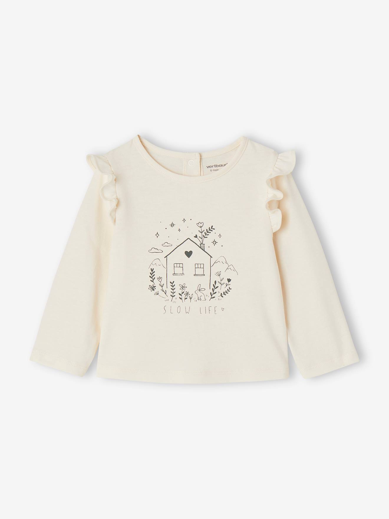 Babyshirt met print en volants ecru