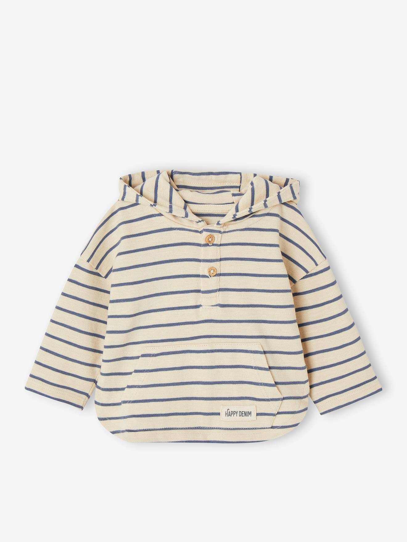 Gestreept T-shirt met capuchon jongensbaby zandbeige