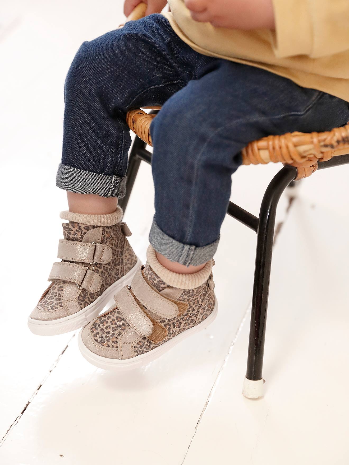 Hoge leren sneakers voor baby beige, bedrukt