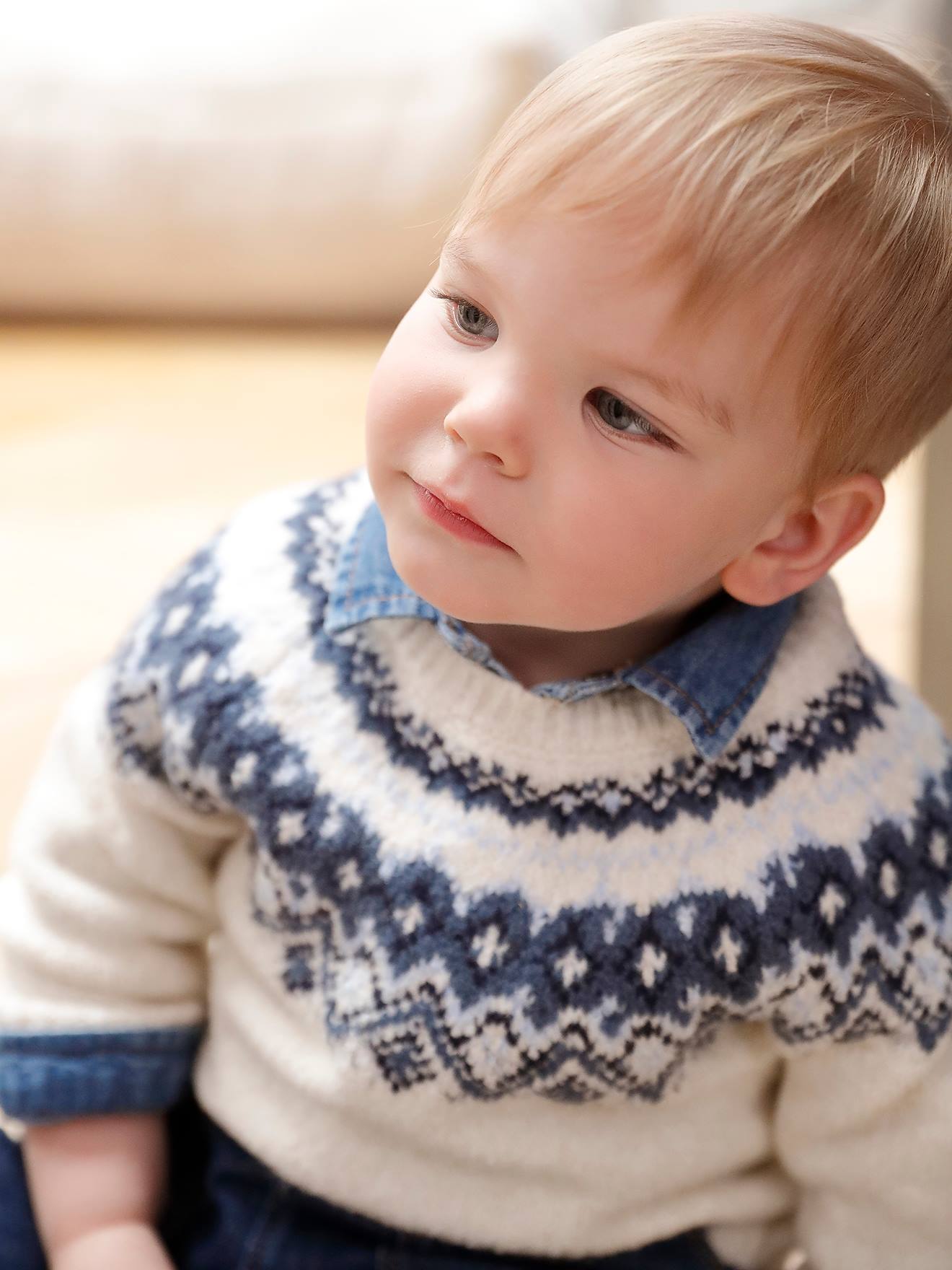 Jacquard trui voor babyjongens in luchtig en zacht tricot ecru