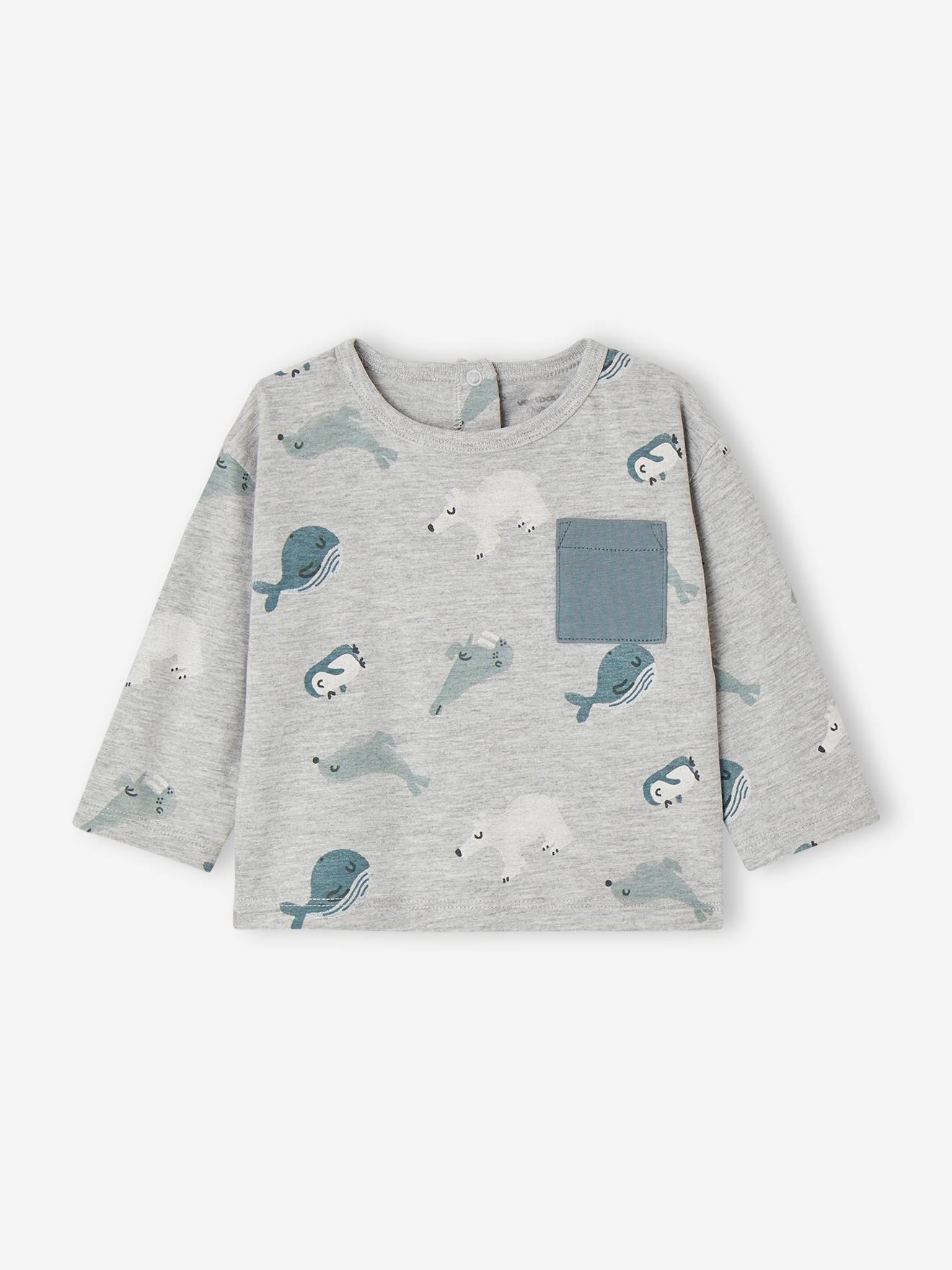 Babyshirt met pooldieren en lange mouwen gemêleerd grijs