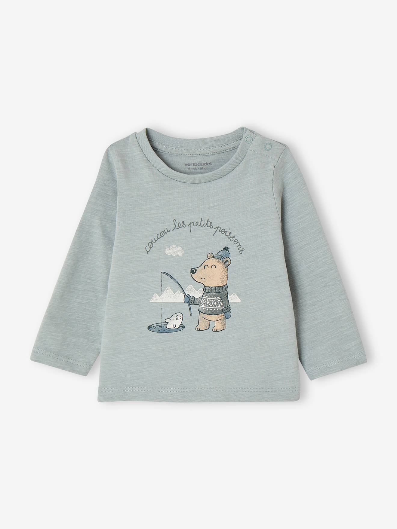 Babyshirt met berenprint en drukknoop op de schouder blauwgroen