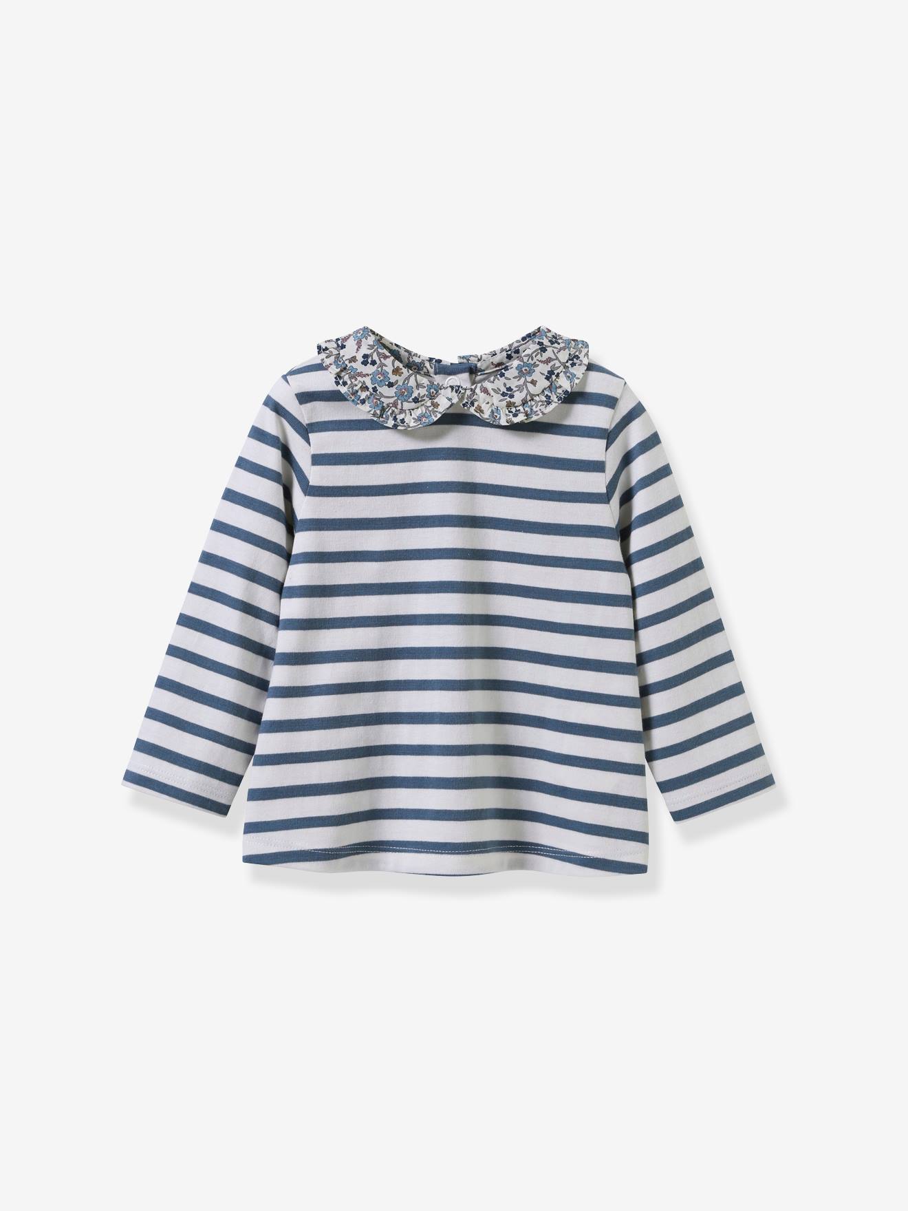 Gestreept babyshirt van Liberty-stof CYRILLUS blauw, gestreept