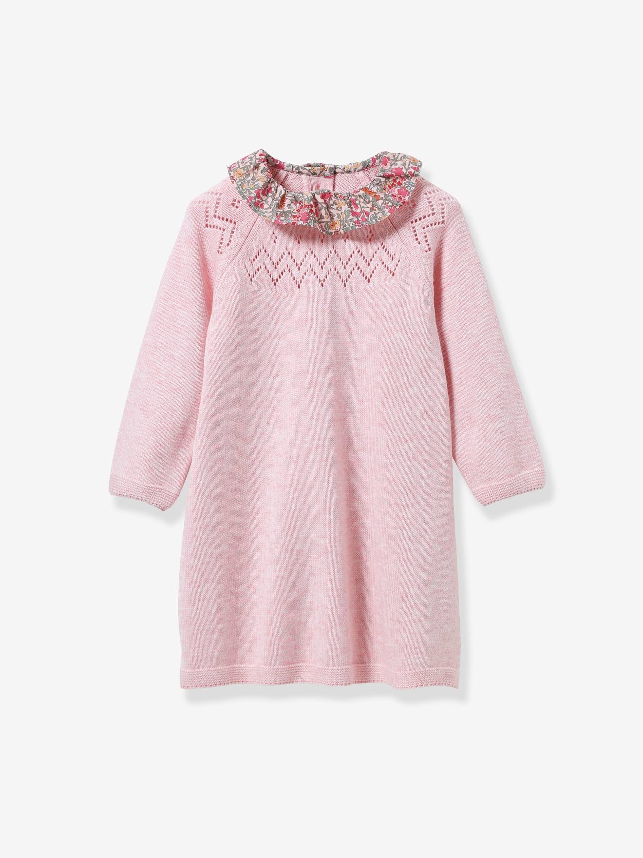 Tricot jurk met kraag van Liberty®-stof baby CYRILLUS gemêleerd roze