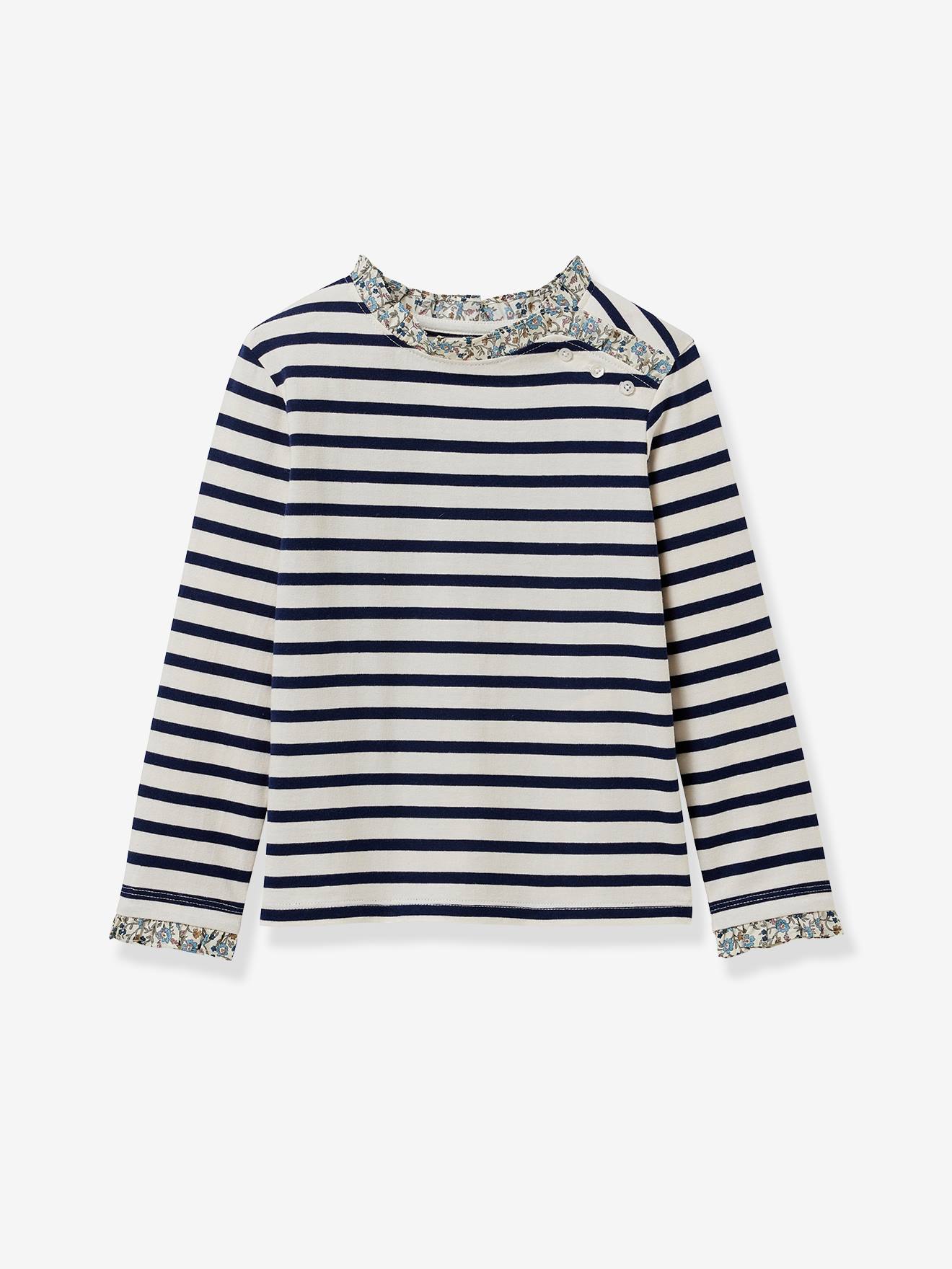 Gestreept meisjesshirt in Liberty-stof - biokatoen - CYRILLUS marineblauw