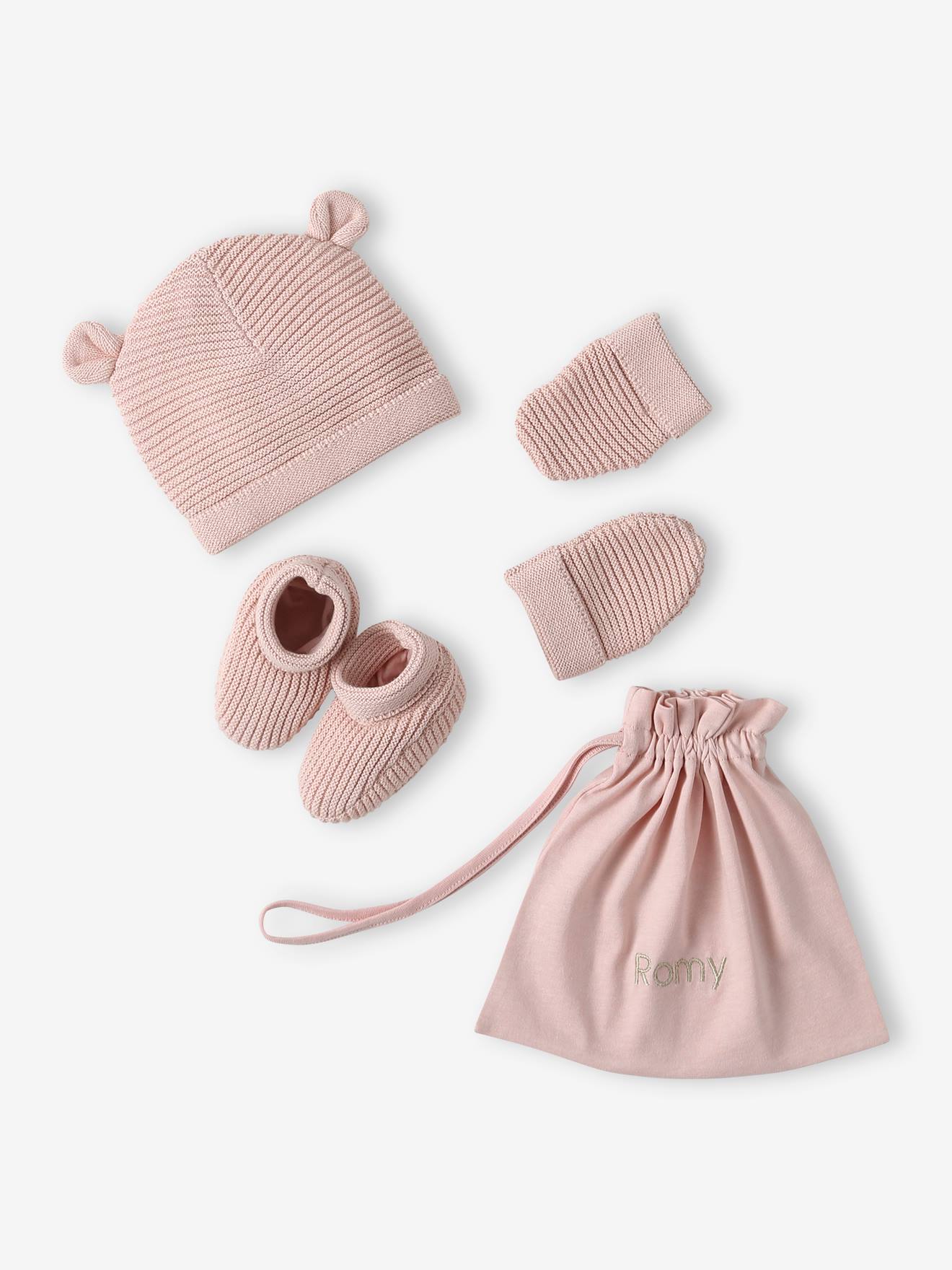 Set babymutsjes, wanten en laarsjes en bijpassend zakje Oeko-Tex® roze (poederkleur)