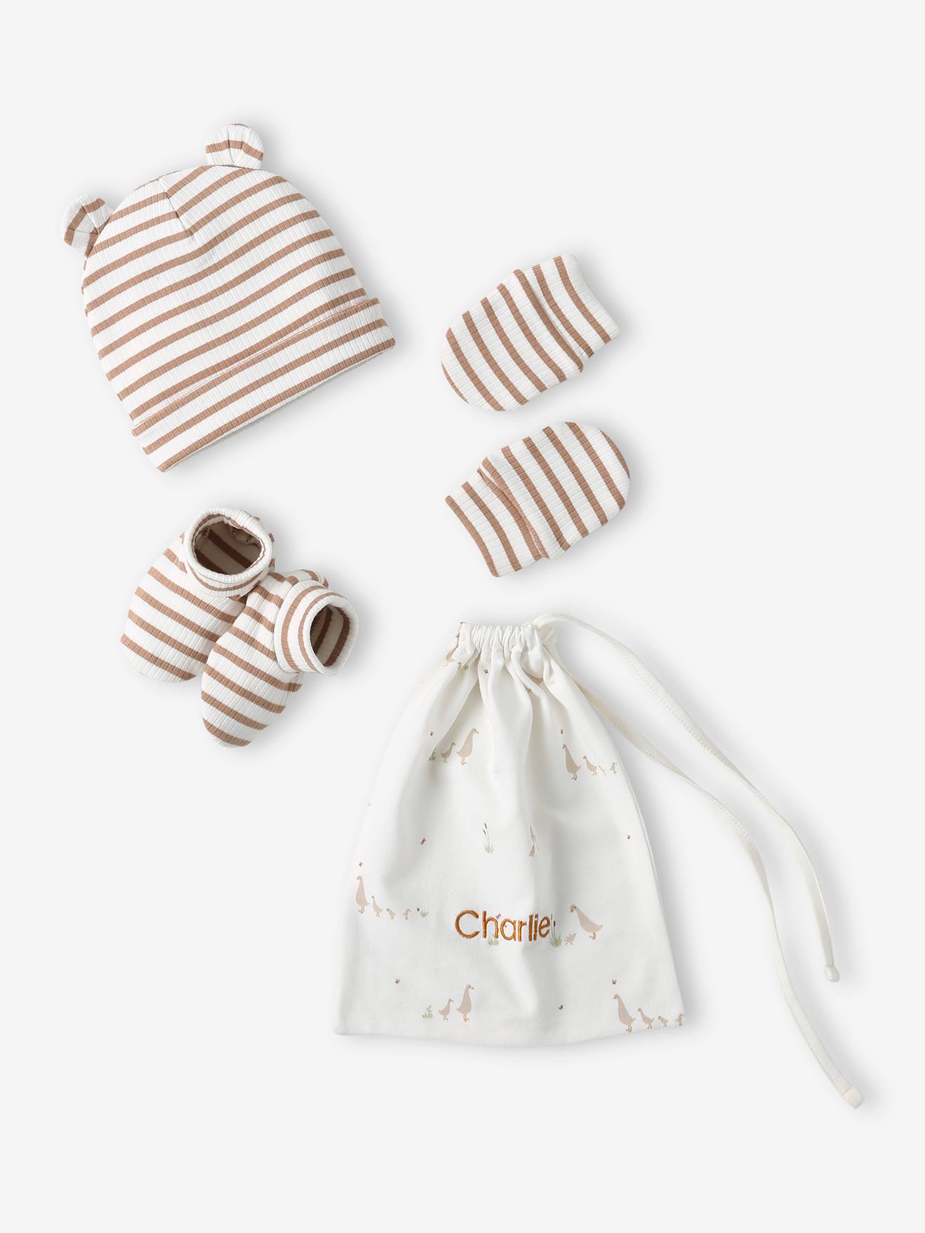 Set muts + wanten + slofjes + babytas voor baby, aanpasbaar cappuccino