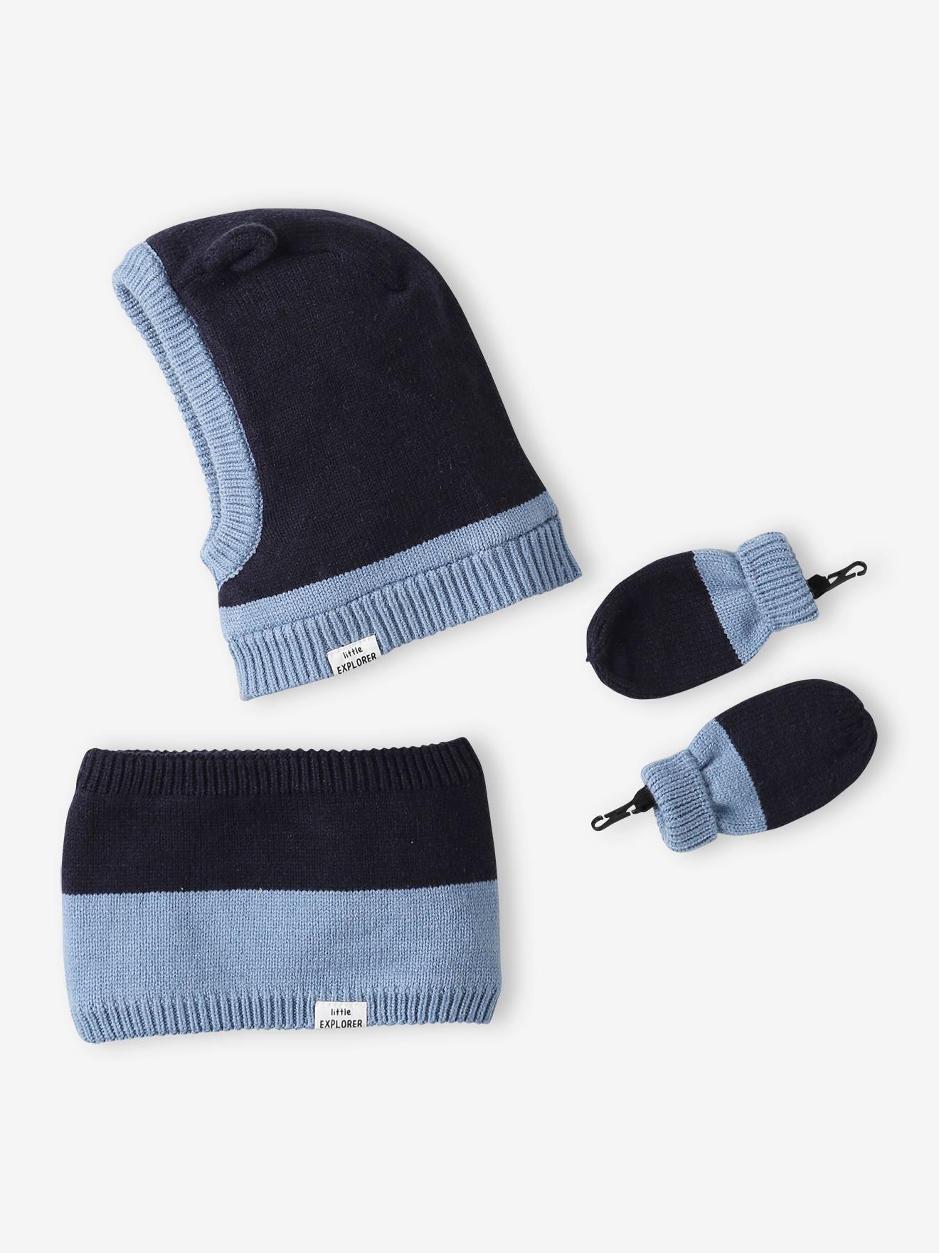 Set jongensbaby bivakmuts + snood + wanten tweekleurig marineblauw