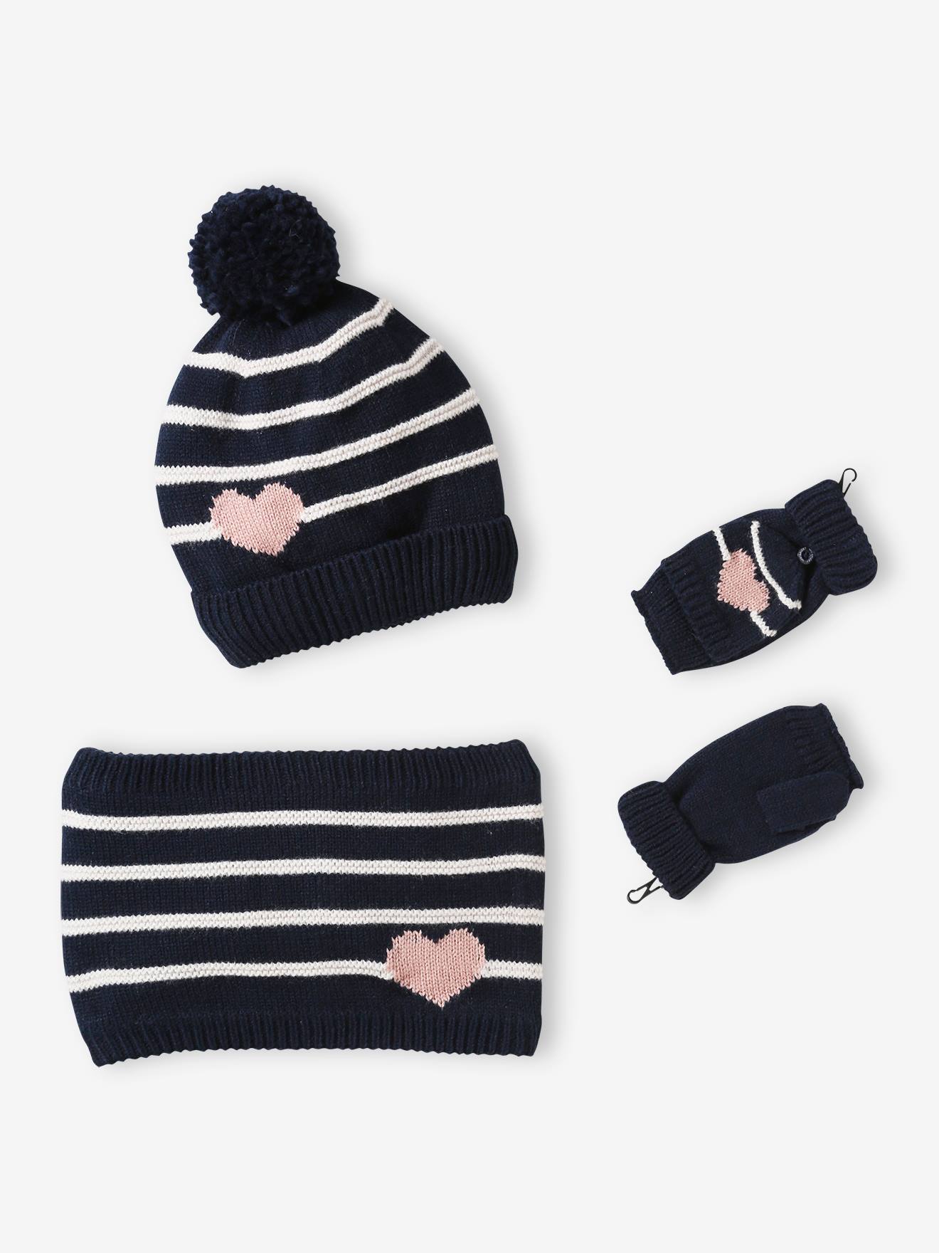 Meisjesmuts + snood + wanten/handschoenen met strepen/hartje marineblauw