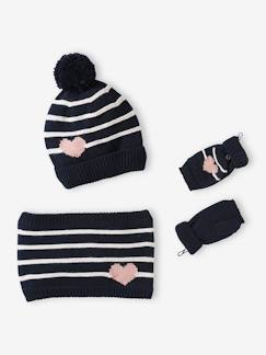 Meisje-Meisjesmuts + snood + wanten/handschoenen met strepen/hartje