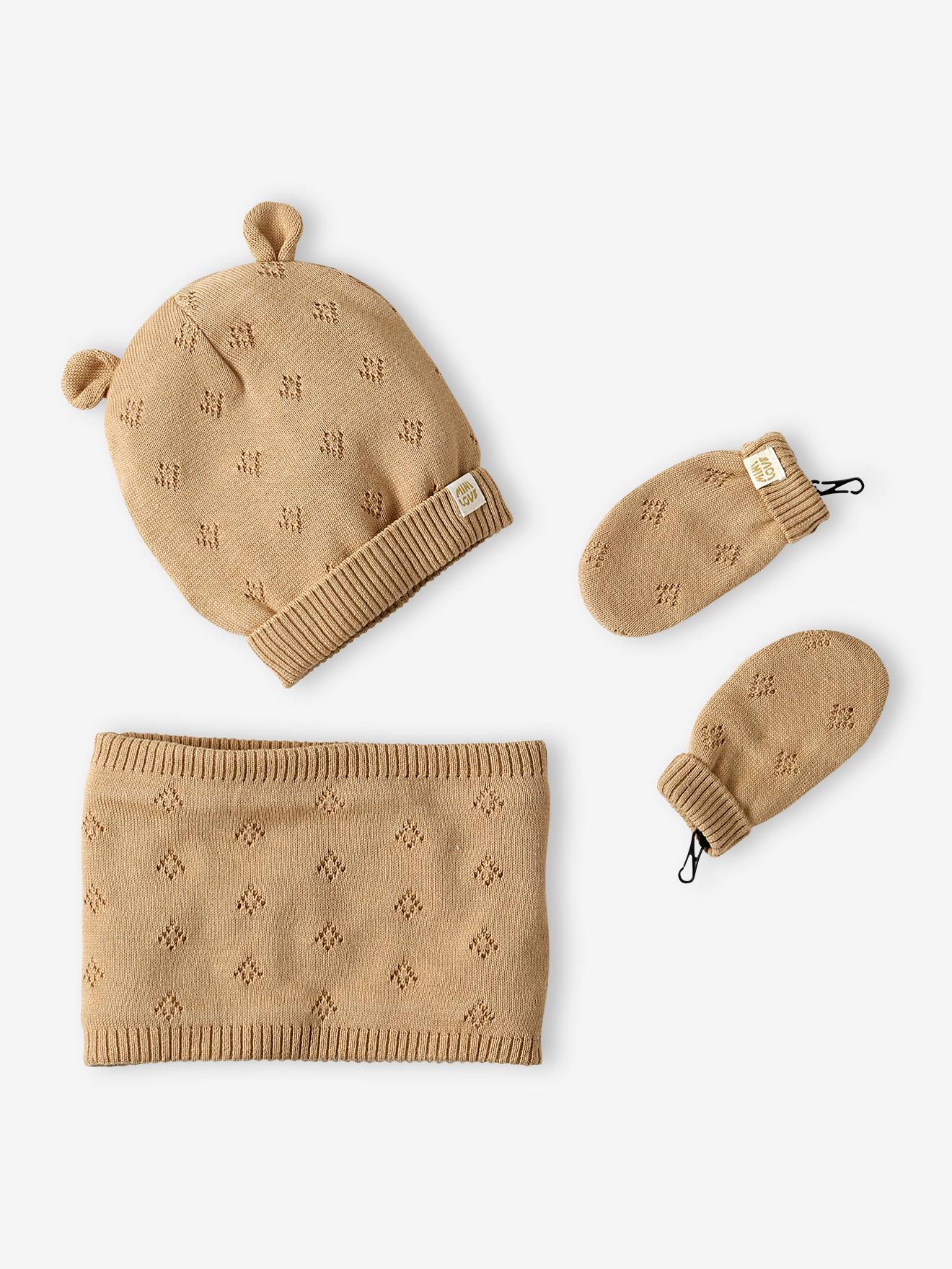 Set met muts met oortjes + snood + wanten in opengewerkt breiwerk voor babymeisjes gemêleerd beige