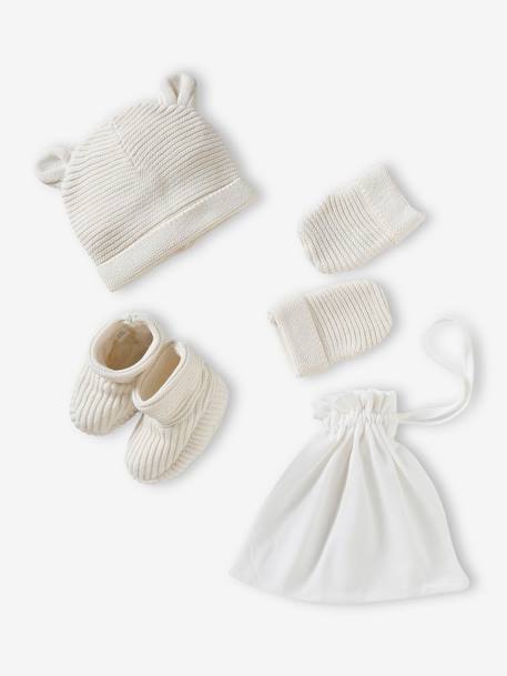 Set babymutsjes, wanten en laarsjes en bijpassend zakje Oeko-Tex® ecru+grijsblauw+jeansblauw+marineblauw+roze (poederkleur) - vertbaudet enfant 