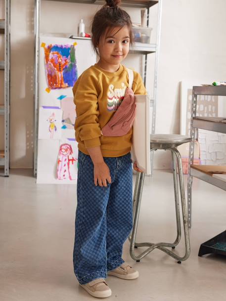 Wijde jeans in paperbagstijl met bloemmotieven voor meisjes donkerblauw+stone - vertbaudet enfant 