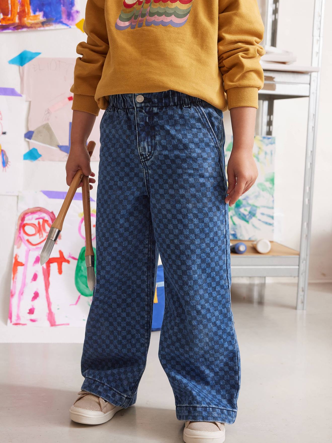 Wijde jeans in paperbagstijl met bloemmotieven voor meisjes donkerblauw afbeelding