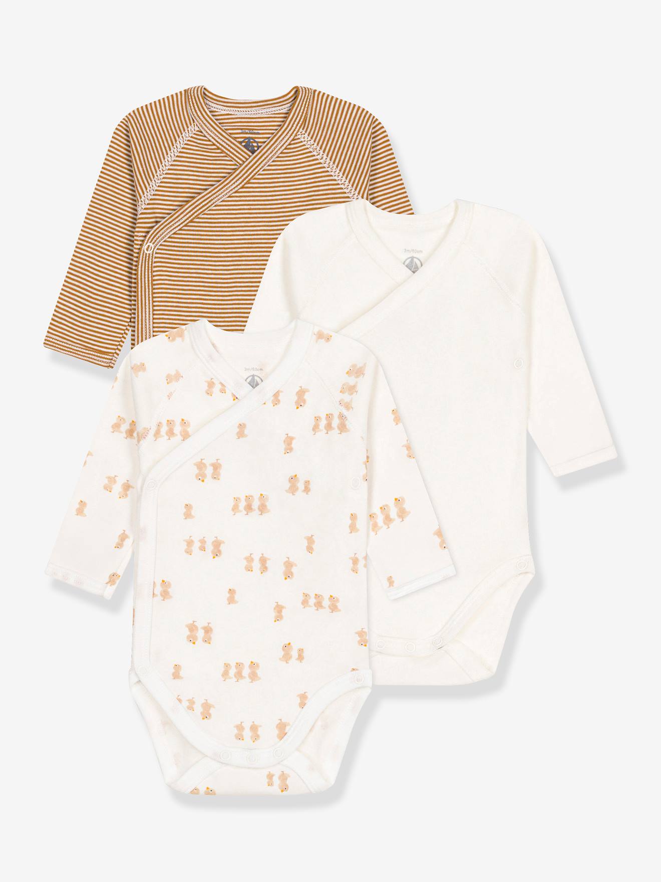 Petit Bateau Set van 3 katoenen overslagbody's met lange mouw voor baby's Unisex Rompertje - Maat 56