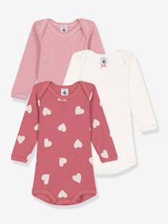 Baby-Body-Set van 3 katoenen babyrompertjes met lange mouwen en hartjes - PETIT BATEAU