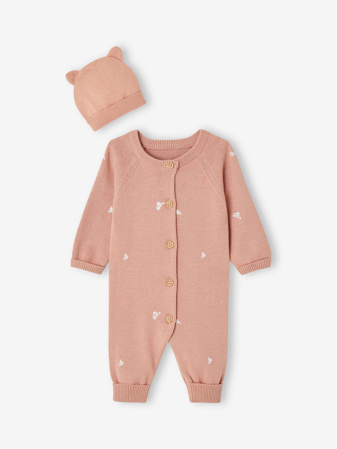 Babyset met tricot overal + bijpassende muts met oortjes rozen