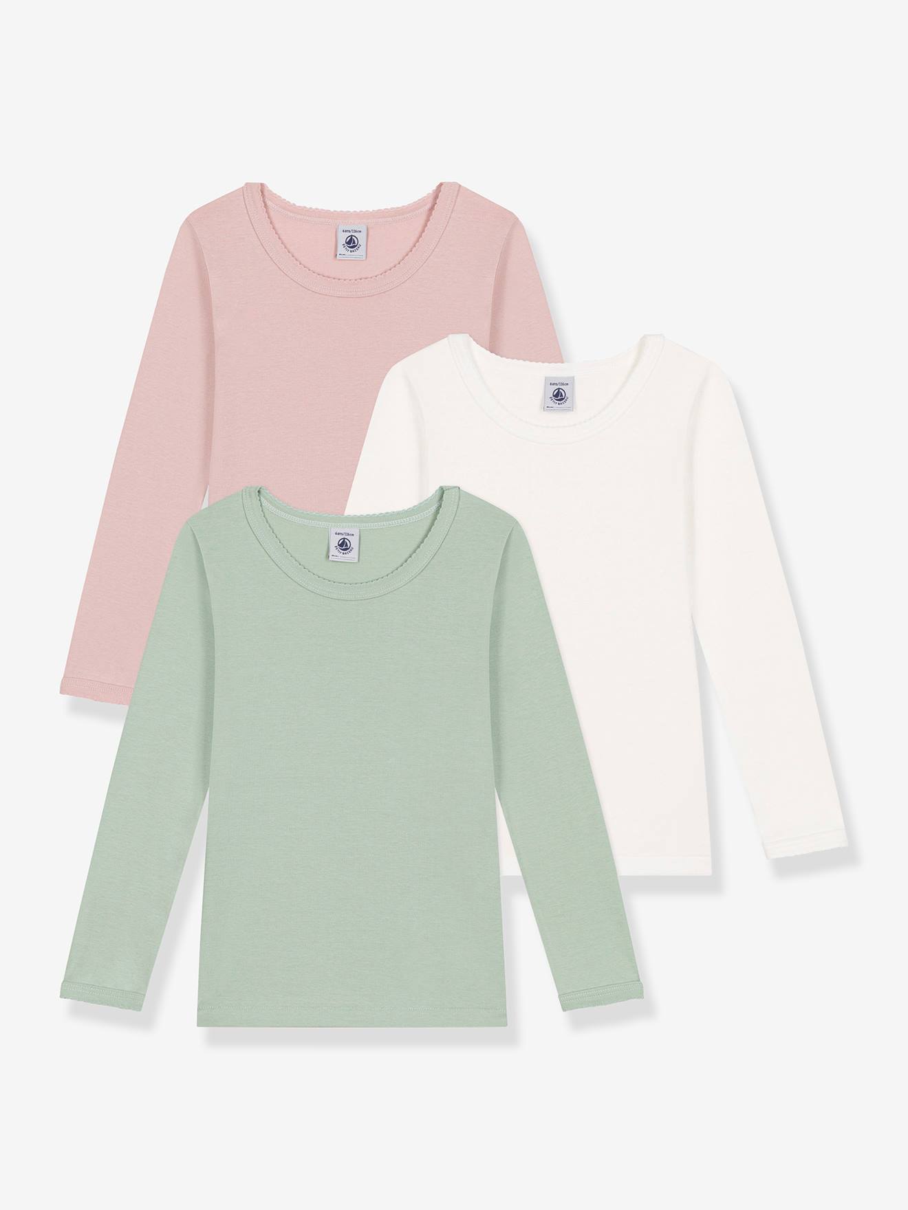 Set met 3 effen katoenen t-shirts met lange mouwen voor kinderen PETIT BATEAU rozenhout