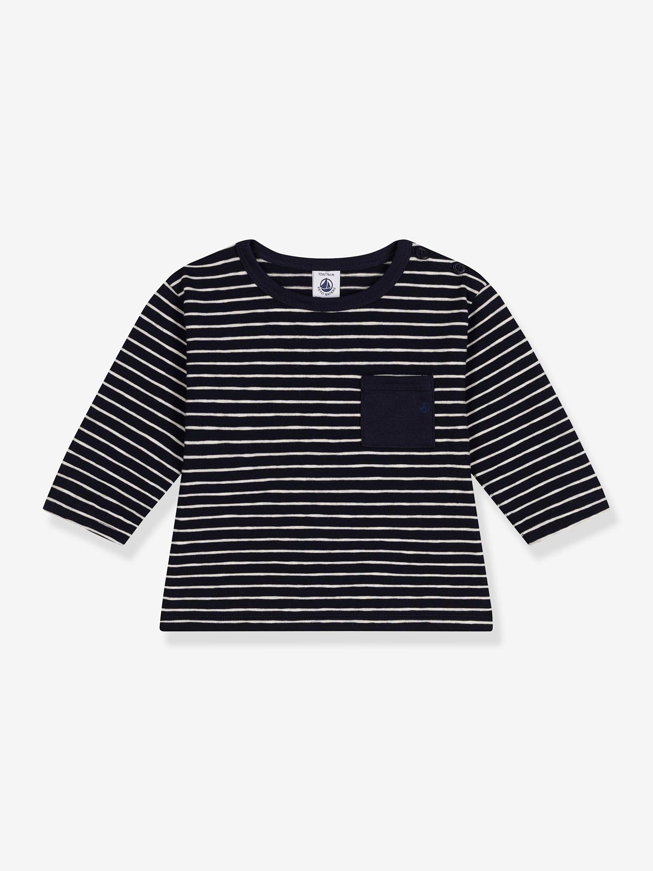 Katoenen baby-T-shirt met lange mouwen van jersey PETIT BATEAU marineblauw, gestreept