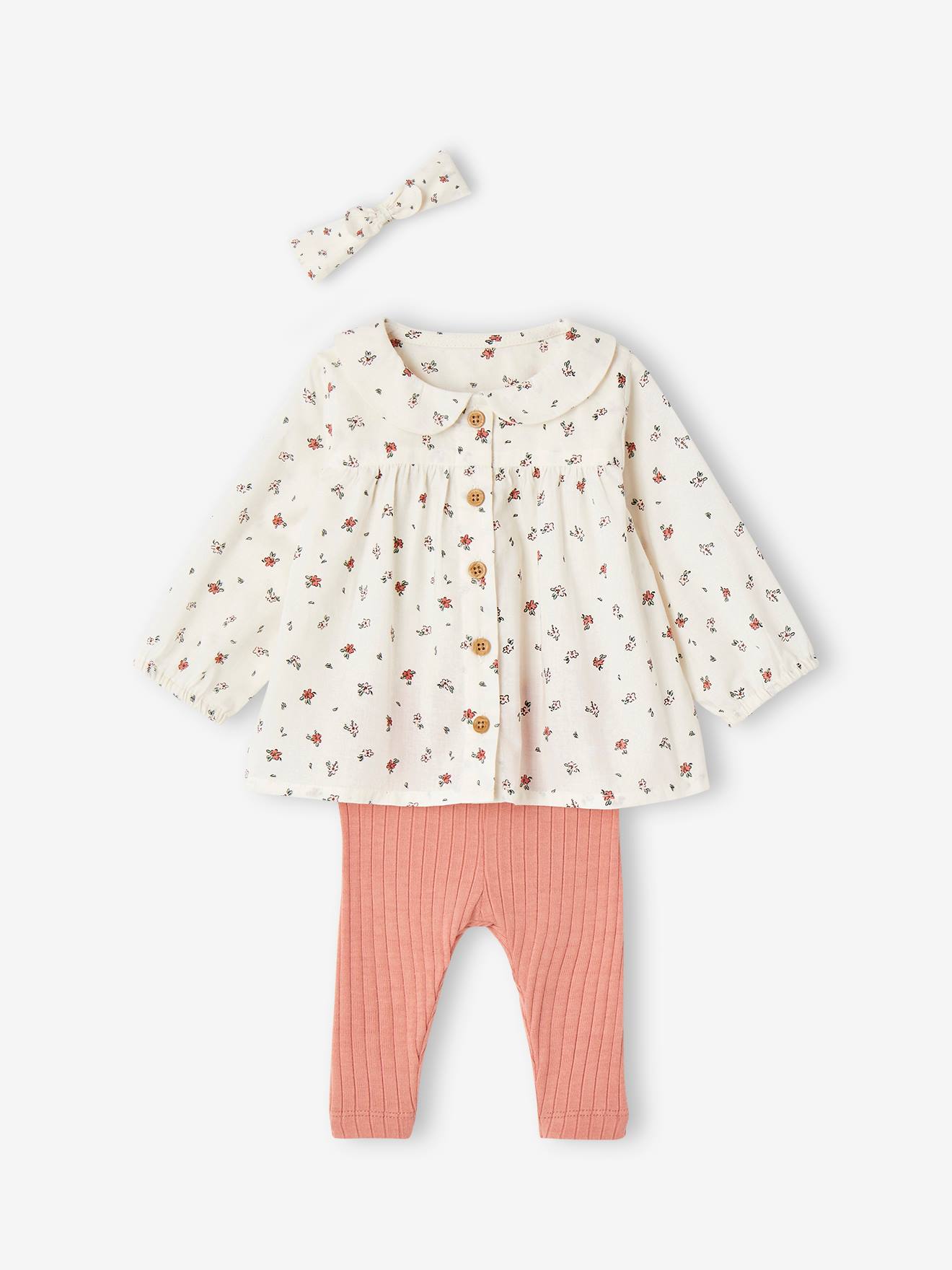 3-delige babyset blouse, legging en haarband rozen