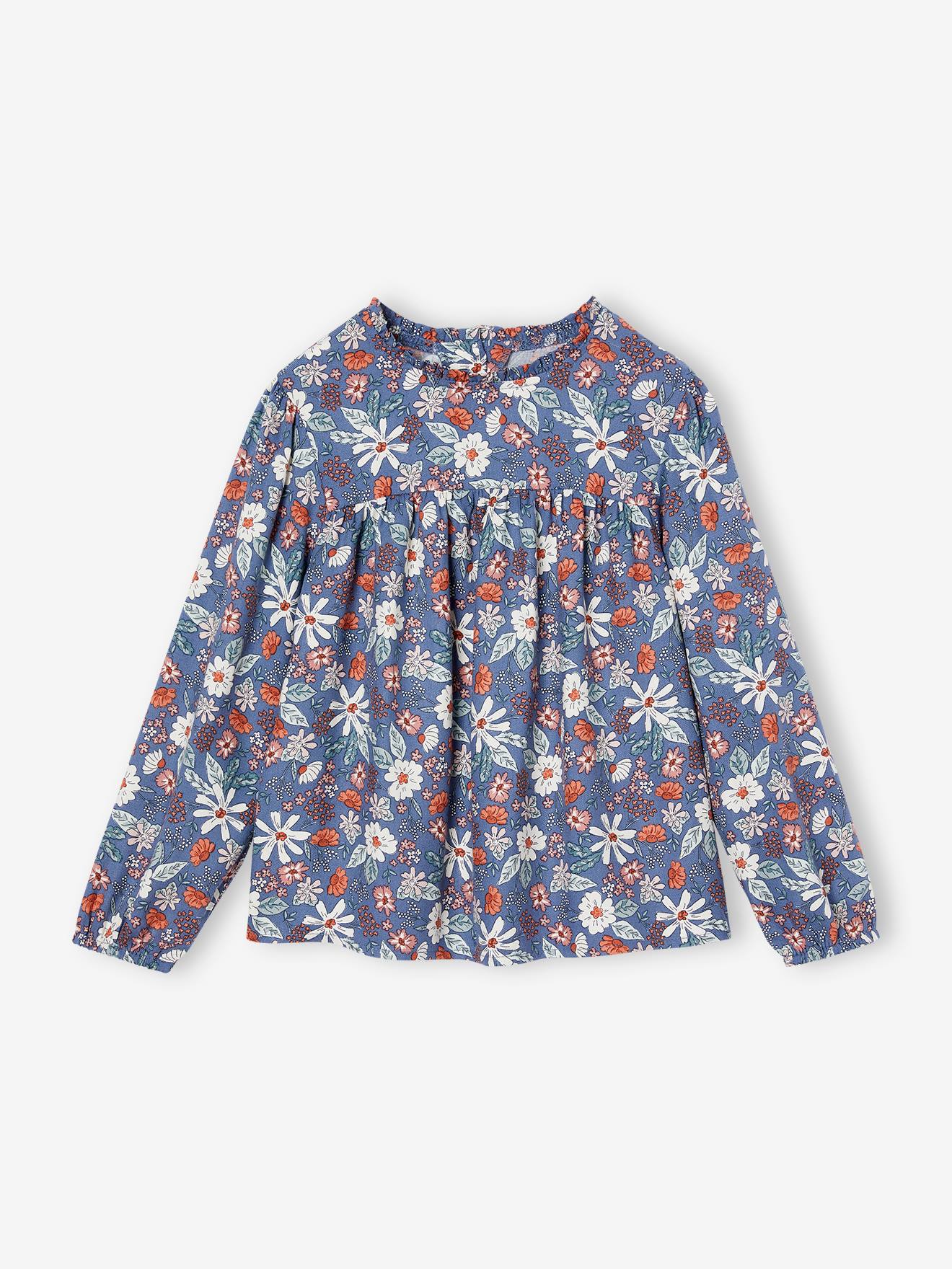 Blouse met bloemen meisje indigoblauw