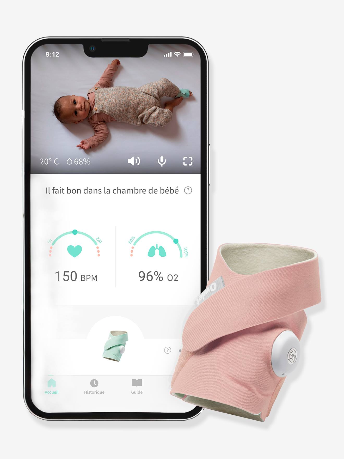 Owlet Dream Sock - Medisch gecertificeerde slimme babyfoon met live hartslag-, zuurstof- en gezondheidsmeldingen - Roze