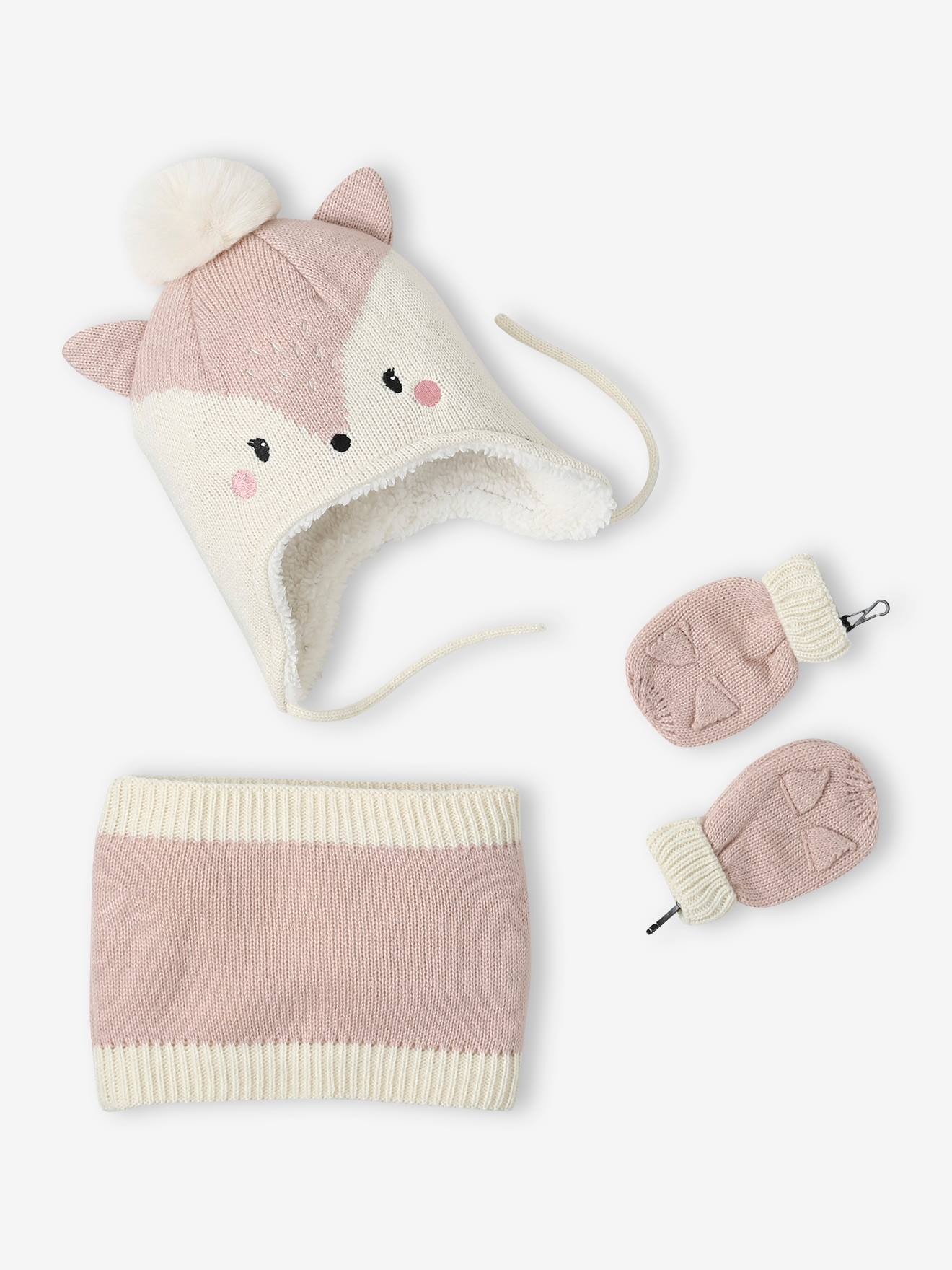 Set voor babymeisjes met muts + snood + wanten "Chatounette" lichtroze