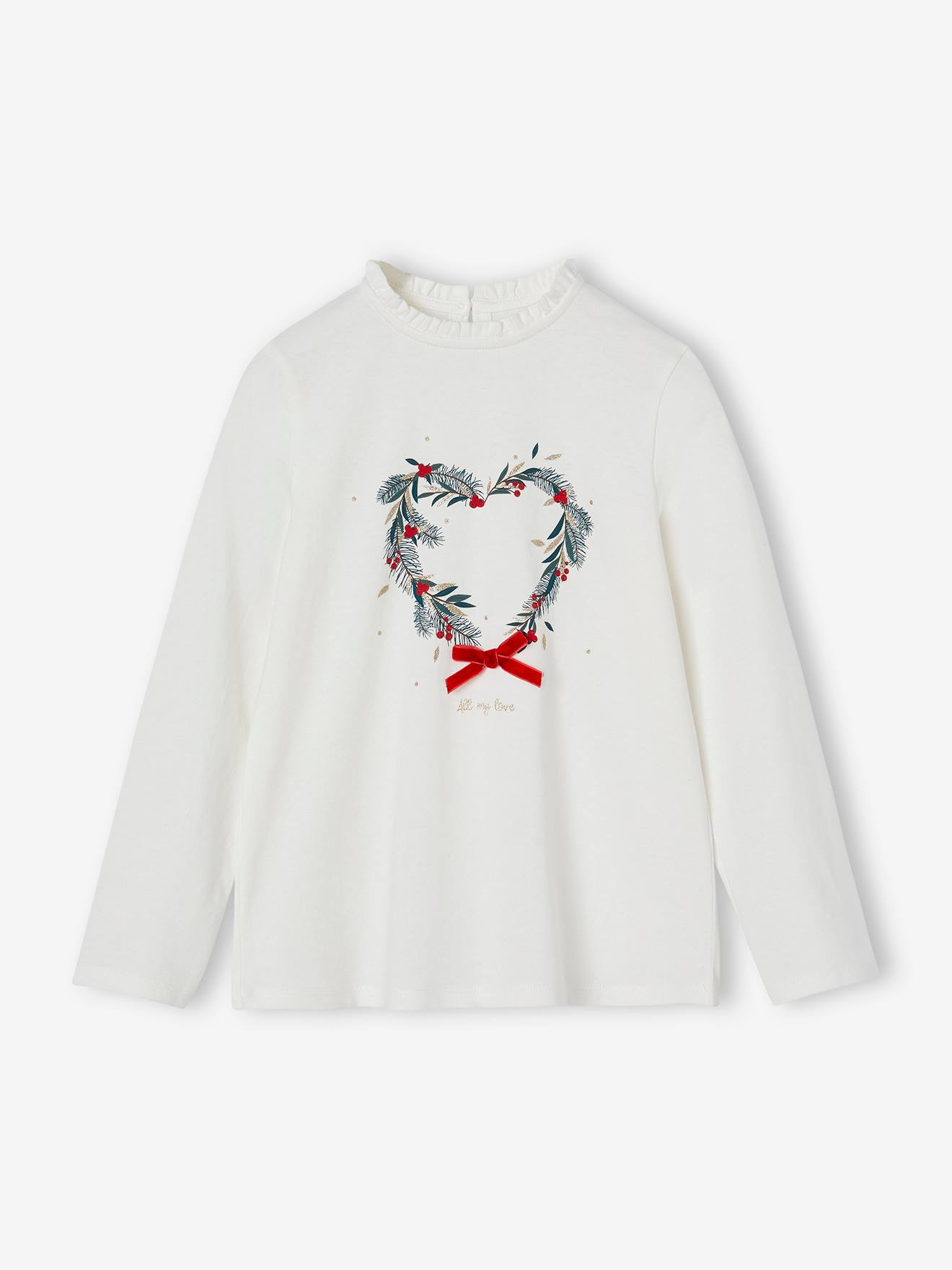 Kerstshirt met kroon en hartje met glitterdetails voor meisjes ecru