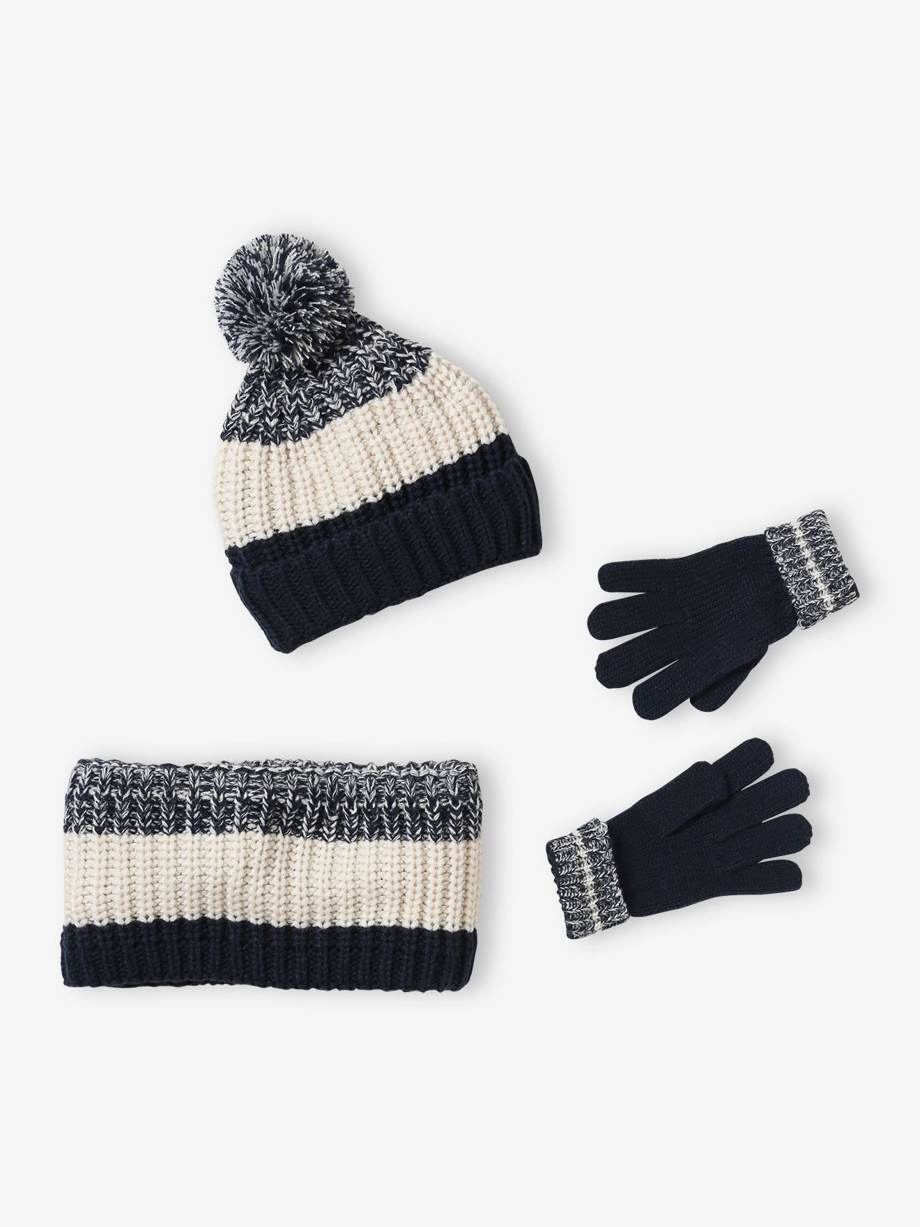 Set jongens muts + snood + handschoenen in colorblock nachtblauw