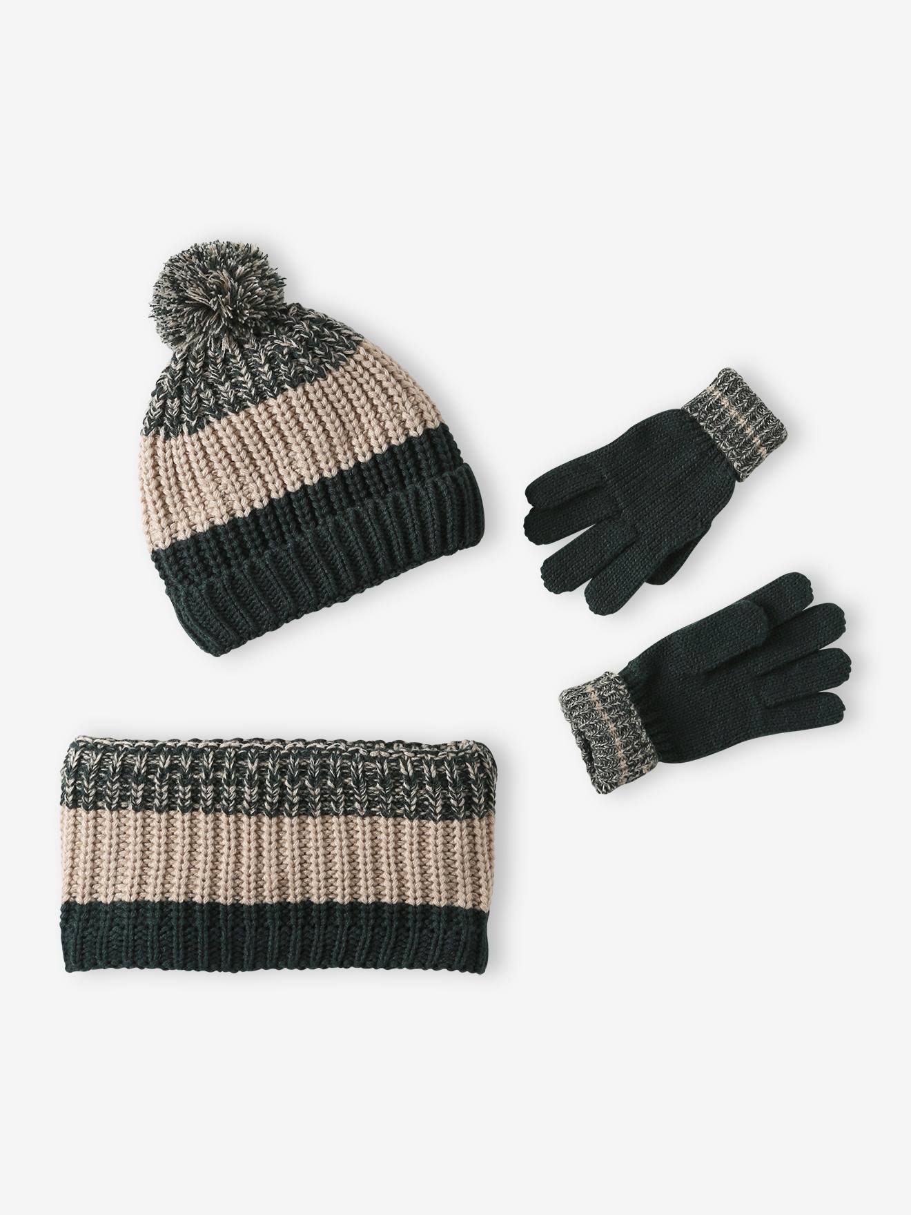 Set jongens muts + snood + handschoenen in colorblock dennen