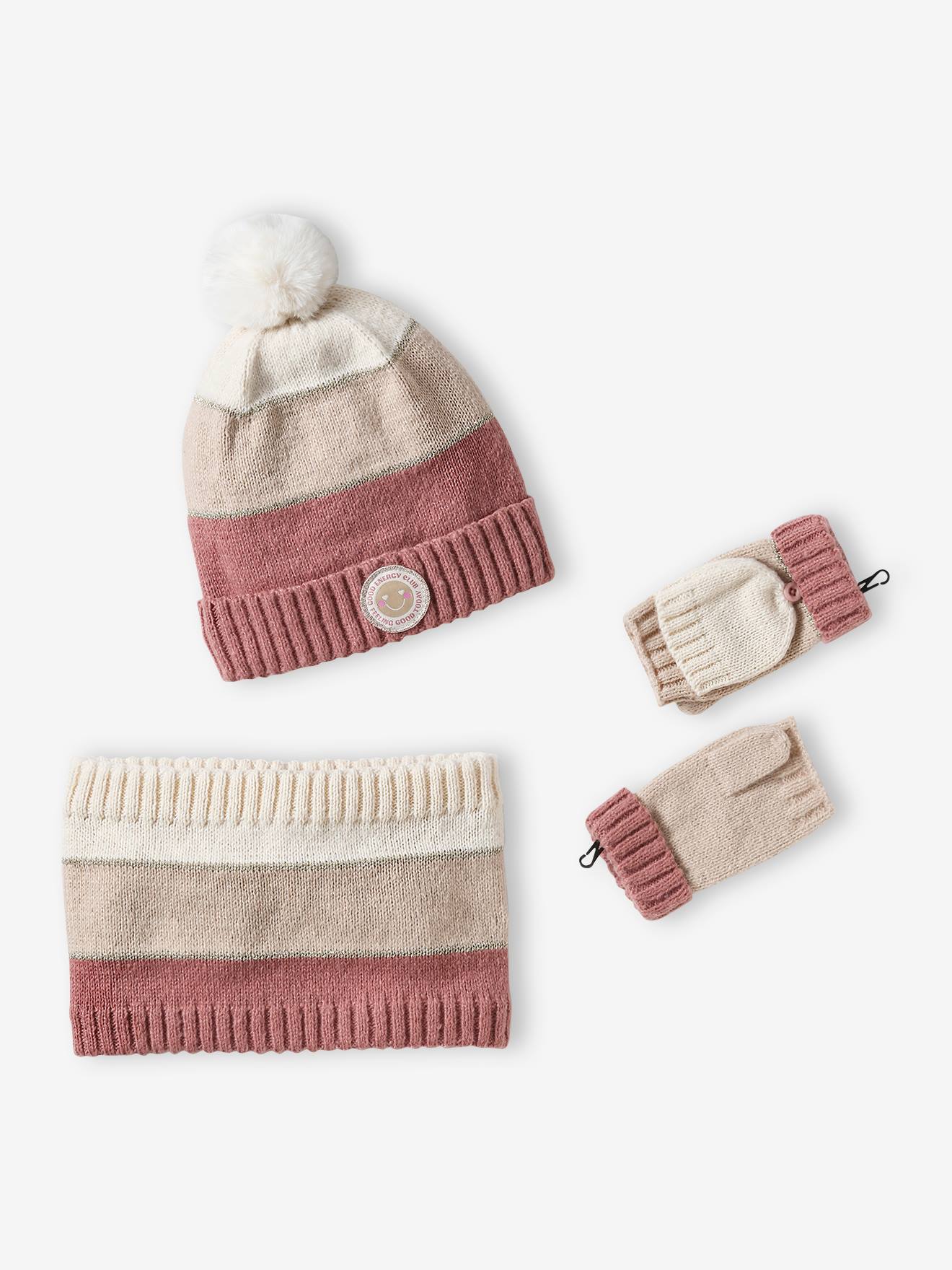 Meisjesmuts + snood + wanten/handschoenen in colorblock voor meisjes roze, gestreept