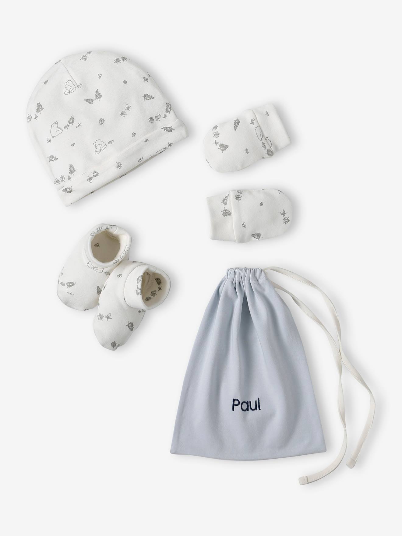 Set beer muts + wanten + slofjes + babytas voor baby, aanpasbaar bleekblauw