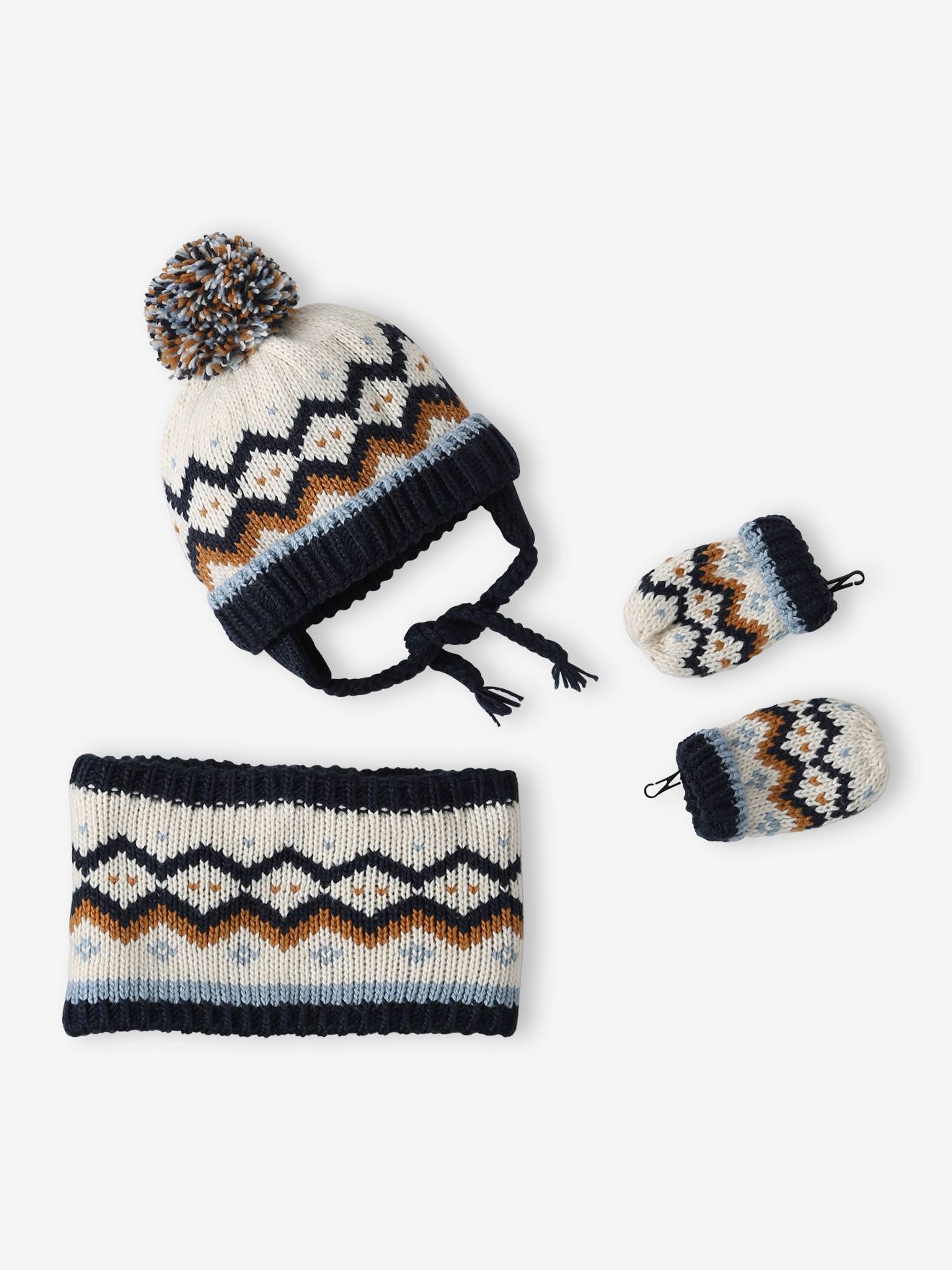 Set babymeisje muts met oortjes + snood + wanten in jacquard marineblauw