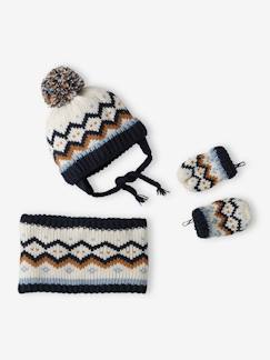 -Set babymeisje muts met oortjes + snood + wanten in jacquard