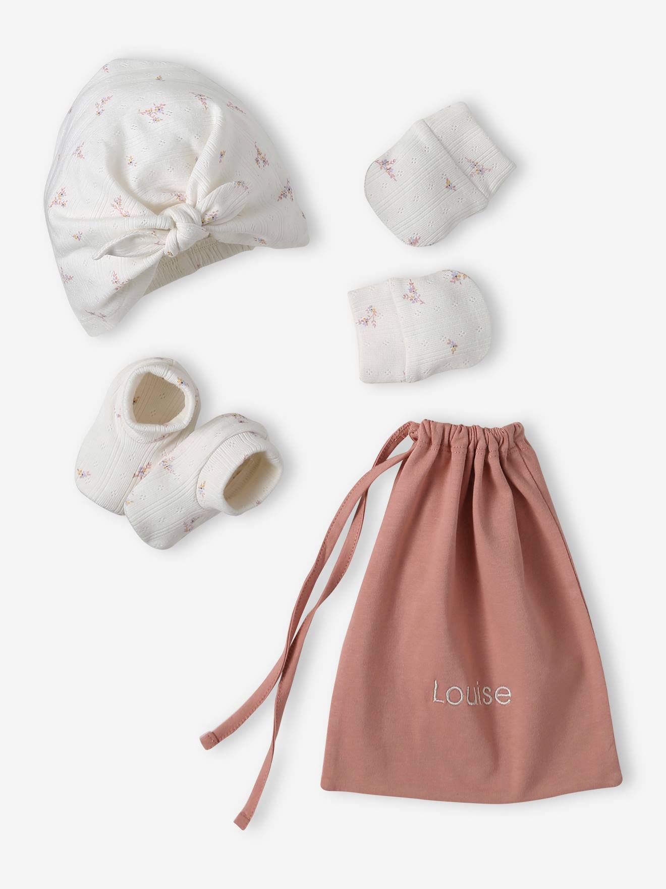 Set meisjes muts + wanten + slofjes + babytas voor baby, aanpasbaar rozen