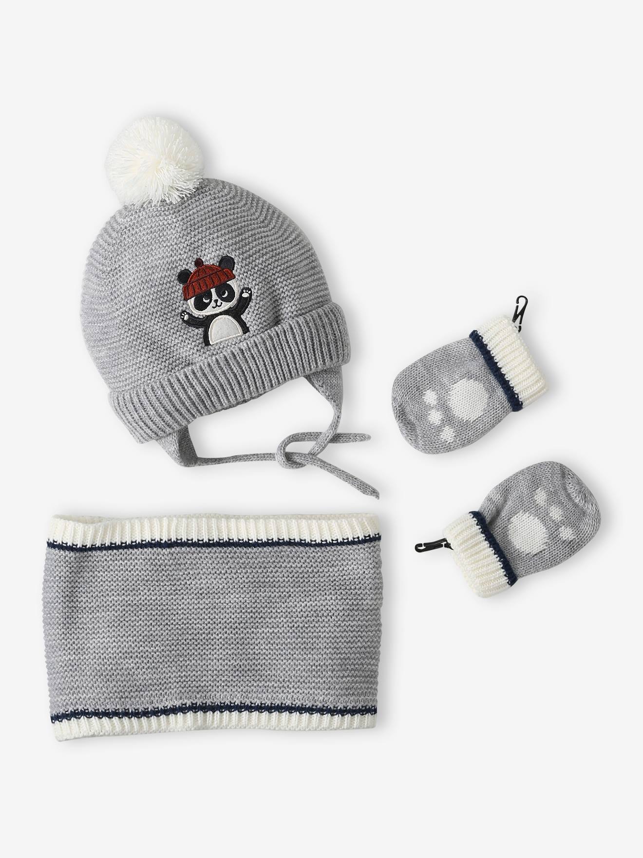 Set voor babyjongen met mutsje + snood + wanten "panda" gemêleerd grijs