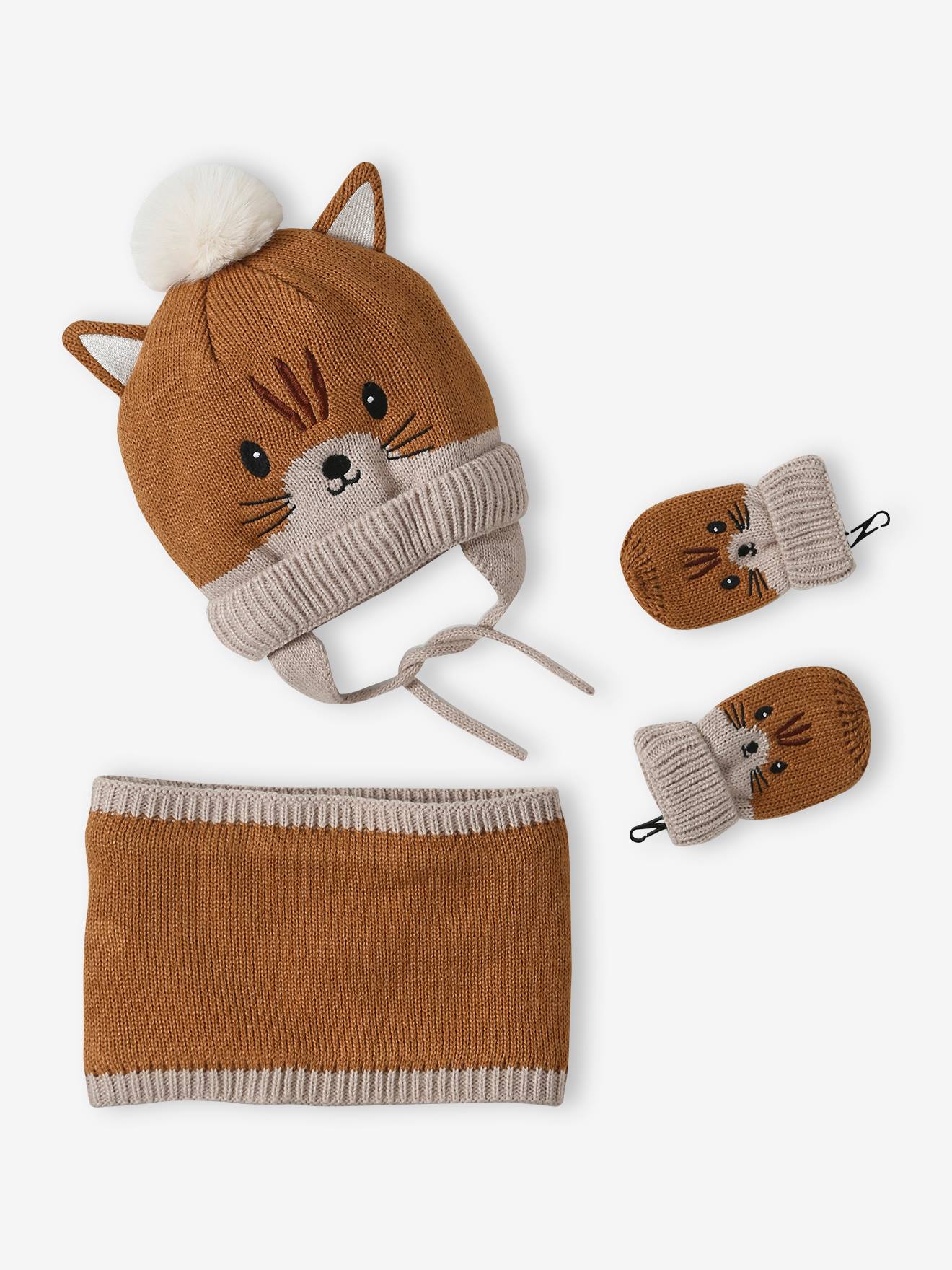 Dierenset muts + snood + wanten baby pecannoot