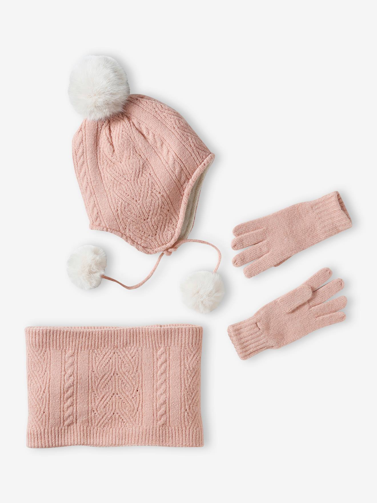 Gebreide set met muts + snood + handschoenen roze (poederkleur)