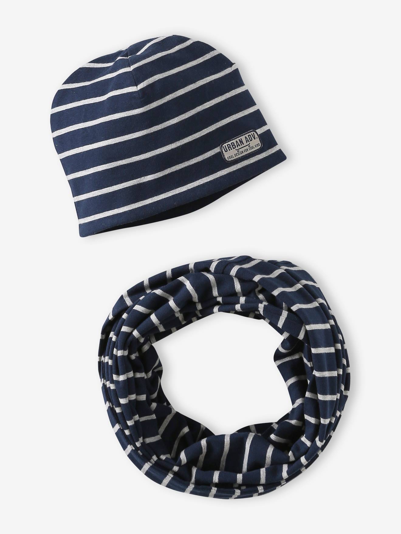 Gestreepte set van muts + snood voor jongens marineblauw