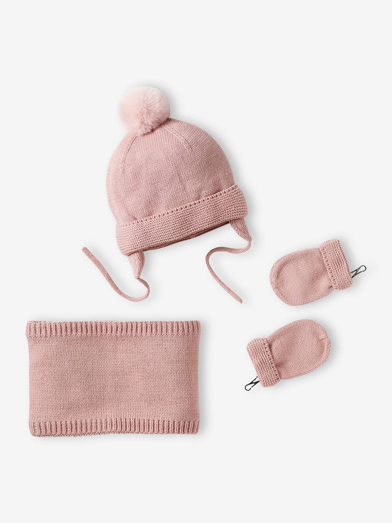 Set van babymeisjes muts + snood + wanten roze (poederkleur)