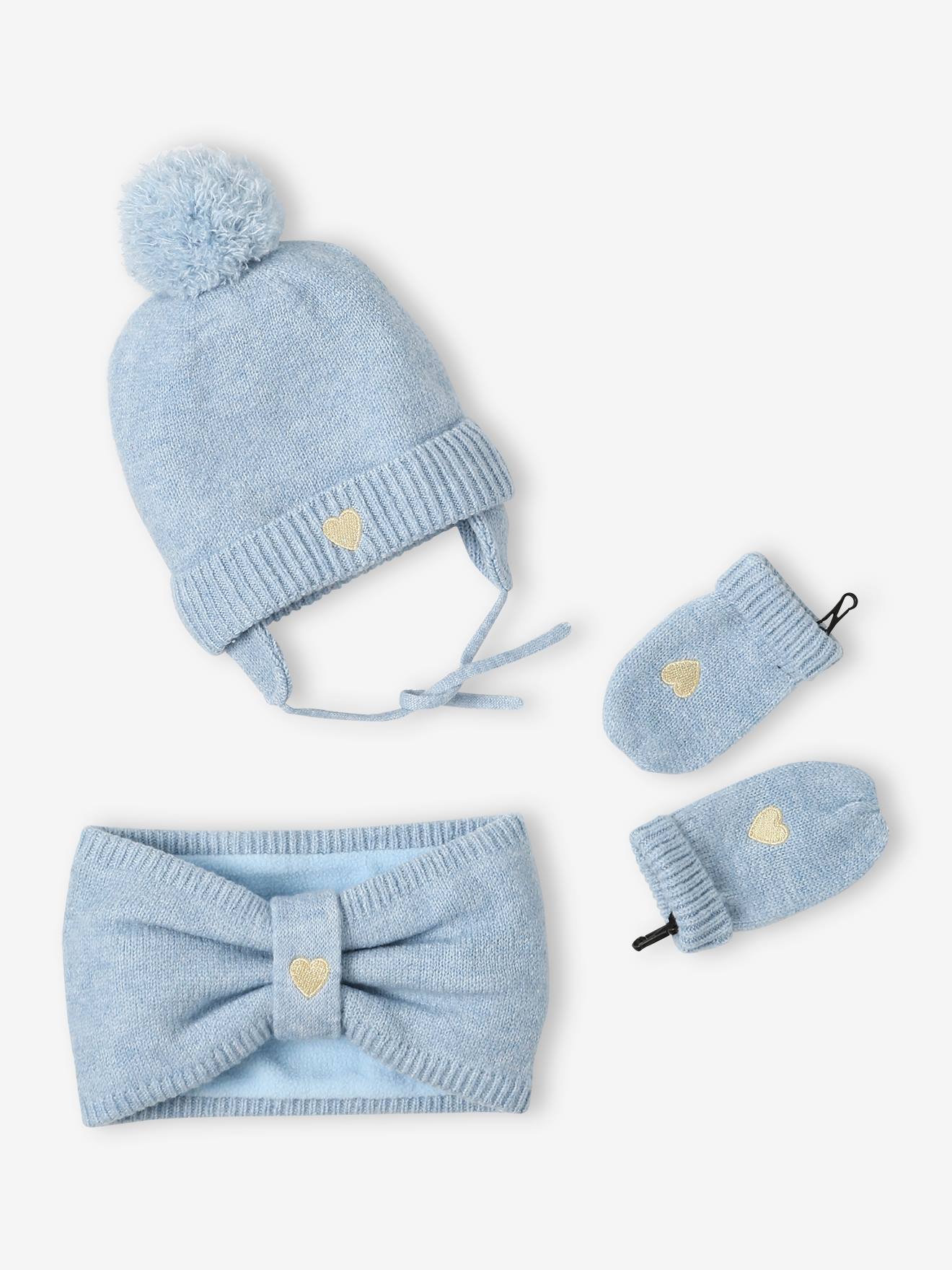 Set muts + snood + wanten met hartjes voor babymeisjes ijsblauw